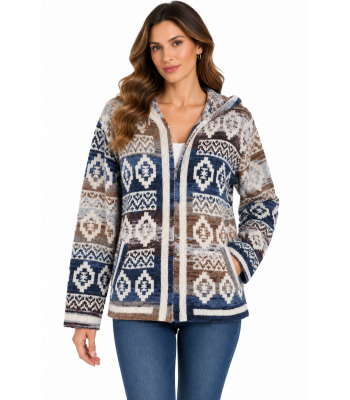 Women's Grey Aztec Zip Hood sweater Jacket KR26570