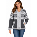 Grey and White Artwork Zip Hood Sweater Jacket  KR26571