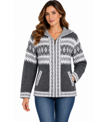 Grey and White Artwork Zip Hood Sweater Jacket  KR26571