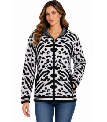Black and White Leopard Zip Hood Sweater Jacket KR26573