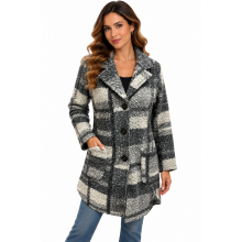 Women Three Button Grey Plaid Jacket KT25570