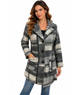 Women Three Button Grey Plaid Jacket KT25570