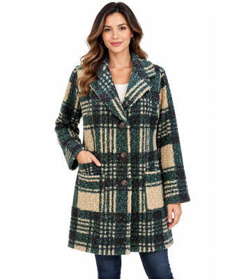 Women's Teal Multi Three Button Plaid Jacket Coat KT26812