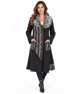 Women Black and White Patch Fur Jacket Coat KT26814
