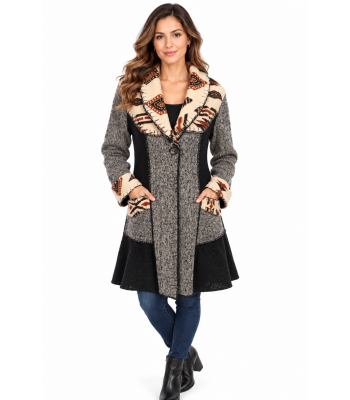 Women's Black and Grey Patch with Aztec Trim X Jacket Coat KT26815