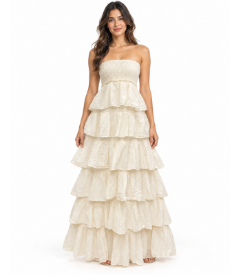 Cotton Smocked Crinkled Ruffle Layers Maxi Dress KTK26311