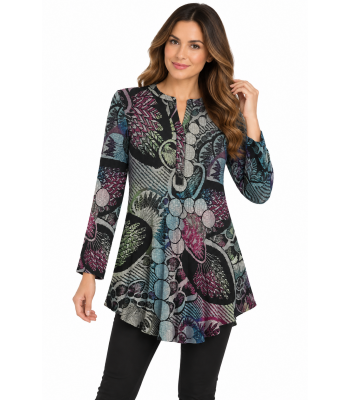  Women's  Jungle Queen Floral Abstract Burnout Three Button Up Tunic  KV23325