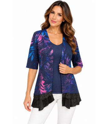 Women Multi Color Leaf Decorated Open Front Cardigan KV25580