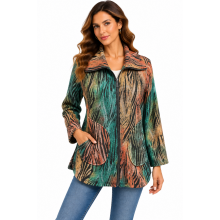 Women Multi Green and Rust Artwork Zip Jacket KV25583