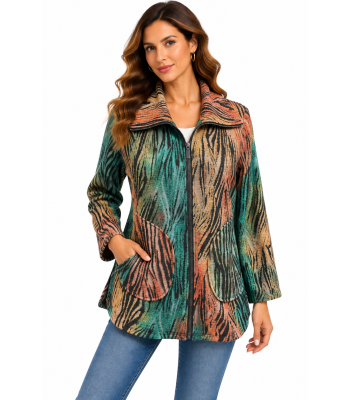 Women Multi Green and Rust Artwork Zip Jacket KV25583