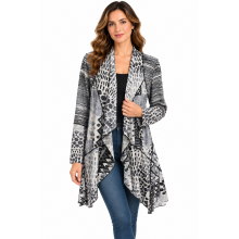 Women's Black and White Grey Burnout California Open Front Long Cardigan  KV26862