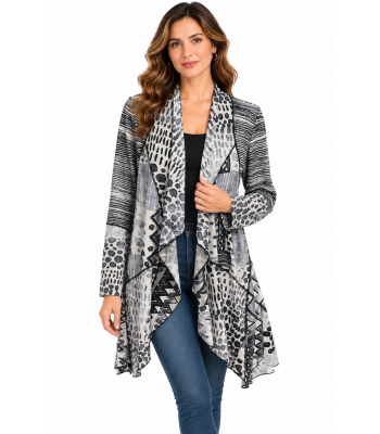 Women's Black and White Grey Burnout California Open Front Long Cardigan  KV26862