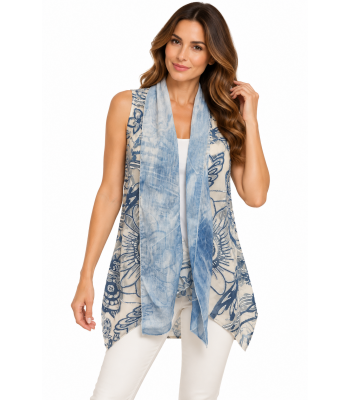Sky Blue Burnout Sleeve Less Open Long Vest KV91064