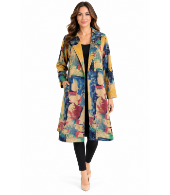 Women's Suede Gold and Green Artwork  Long Open Front Cardigan KX24757