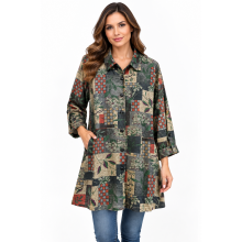 Women's grey and orange leaf burnout  button down tap slv shirts KX24763