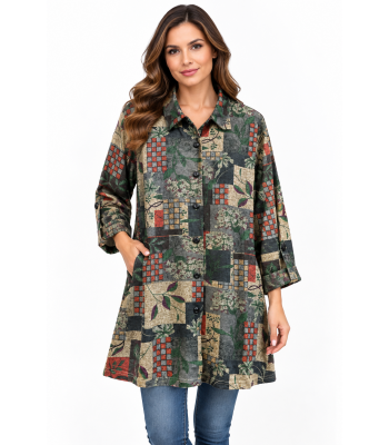 Women's grey and orange leaf burnout  button down tap slv shirts KX24763
