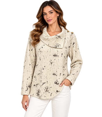 Women's Cowl Neck Off White Abstract Snow Top KX26757