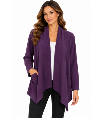 Suede Purple Queen Asymmetric Patch Pocket Open Front Cardigan Jacket KX26770
