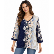 Women's Blue Multi Floral Print Button Decorated Asymmetrical V Neck Tunic Top (KZ23376)