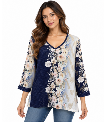 Women's Blue Multi Floral Print Button Decorated Asymmetrical V Neck Tunic Top (KZ23376)