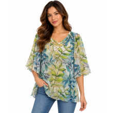 Women's  3/4 Sleeve  Floral Jungle  Beauty V neck Top KZ2361