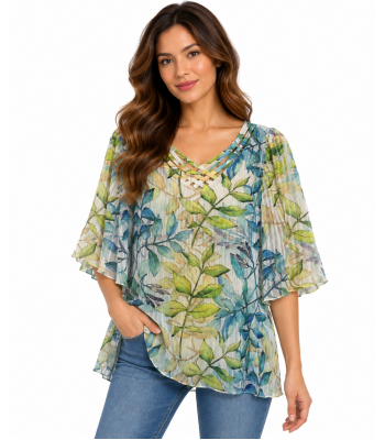 Women's 3/4 Sleeve Floral Jungle Beauty V neck Top KZ2361