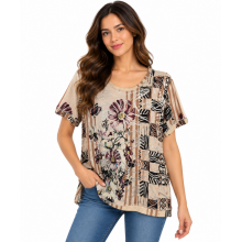 Women's Asymmetric Purple Floral  Round Neck Top KZ2369