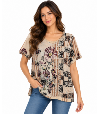 Women's Asymmetric Purple Floral  Round Neck Top KZ2369