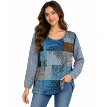 Women's  Blue Multi Round neck  long S/L  Top KZ24825