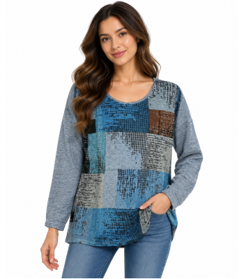 Women's  Blue Multi Round neck  long S/L  Top KZ24825