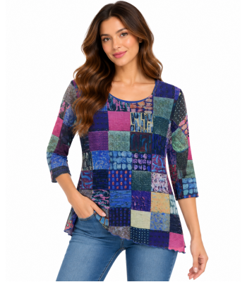 Women's Purple Multi Patch 3/4 Slv Round Neck Tunic KZ25617
