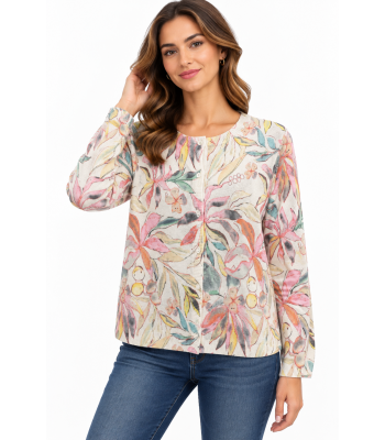 Women's White and Pink Floral Super Soft Round Neck Sweater Top KZ26882