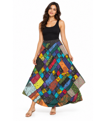 Cotton Multi Jungle Beauty Block Patch Warp Around Skirt LF522