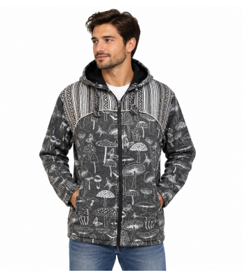 Black & White Mushroom Hooded Stonewash Polar Lining Zip Jacket  NC2011