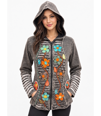 Cotton Razor Cut Patch Flower Embroidery Pointed Hood Rising Jacket NC50 
