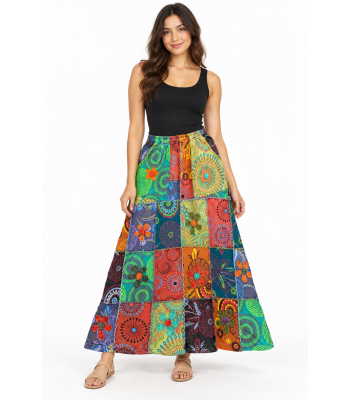 Cotton Multi Block Floral Embroidery X Stich Boho Skirt NC69