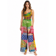 Cotton Multi Color Patchwork Quilted Kantha Wide Leg Pant R26071