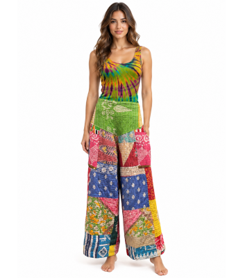 Cotton Multi Color Patchwork Quilted Kantha Wide Leg Pant R26071
