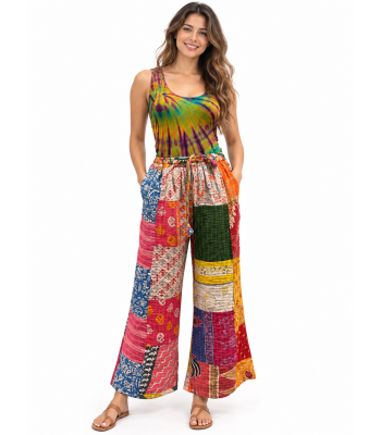 Cotton Multi Color Patchwork Quilted Kantha Wide Leg Pant R26073