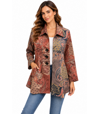 Abstract Red Multi Three Button Suede Short Jacket RK25622