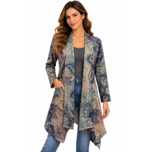 Women Blue Multi Kalika Suede Open Front Long Jacket RK25625
