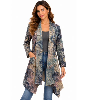 Women Blue Multi Kalika Suede Open Front Long Jacket RK25625