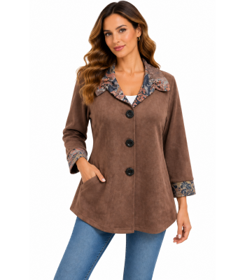 Women Brown Multi Suede Ruffled Collar Short Jacket RK25628