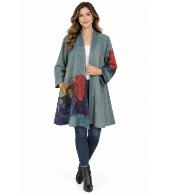 Women's Suede Teal Multi Open Front Cardigan Jacket RK26752
