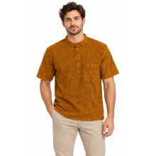 Cotton Washed Round Neck Three-Button Half-Sleeve Shirt D789