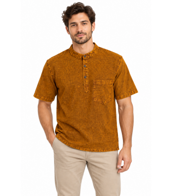 Cotton Washed Round Neck Three-Button Half-Sleeve Shirt D789