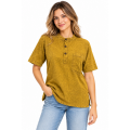 Cotton Washed Round Neck Three-Button Half-Sleeve Shirt D790