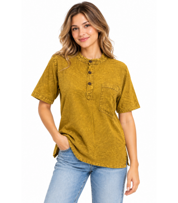 Cotton Washed Round Neck Three-Button Half-Sleeve Shirt D790