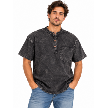 Cotton Washed Round Neck Three-Button Half-Sleeve Shirt D942