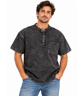 Cotton Washed Round Neck Three-Button Half-Sleeve Shirt D942